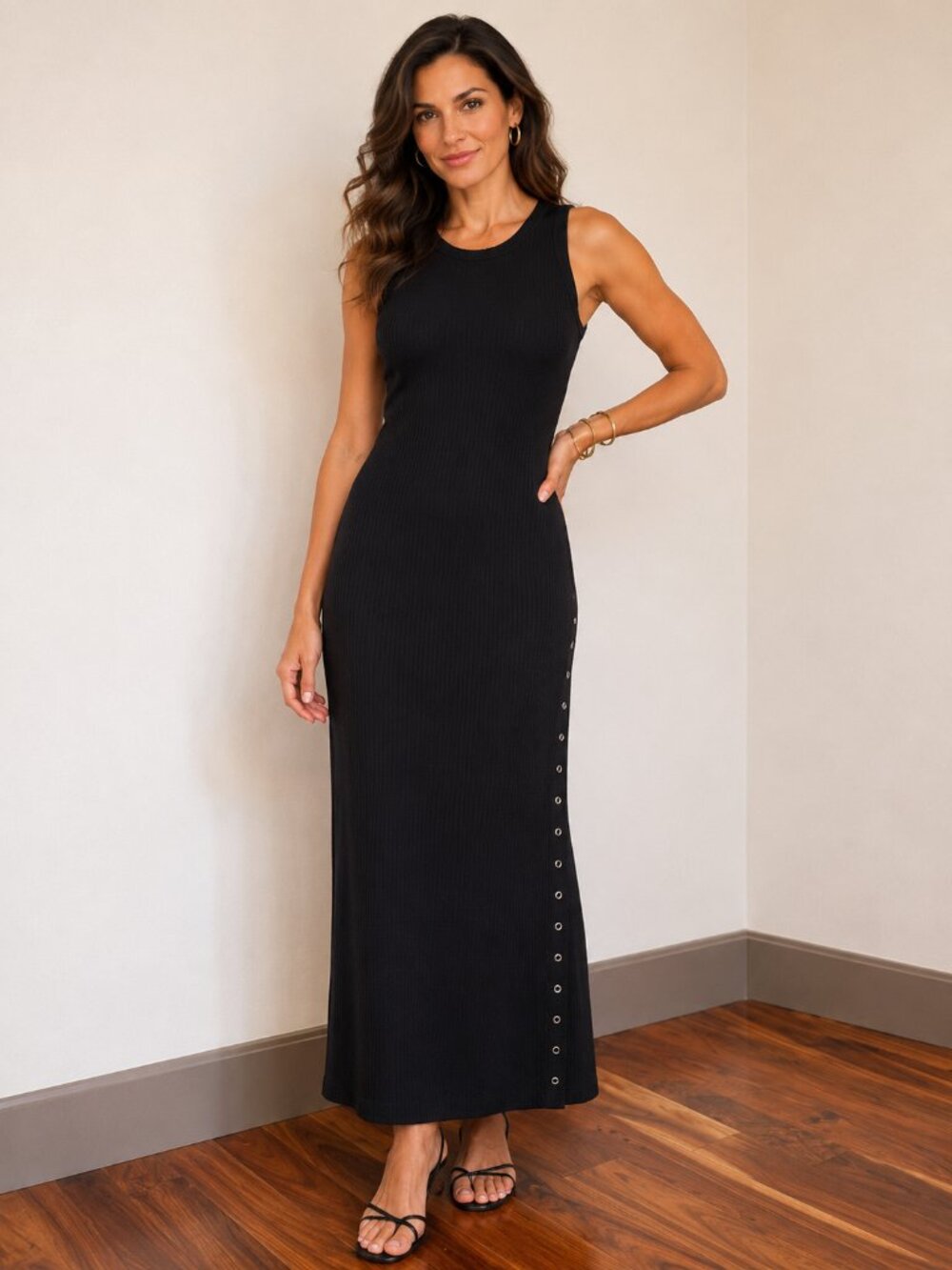 NSF BLACK RIBBED MAXI DRESS WITH SNAP SIDING MEDIUM